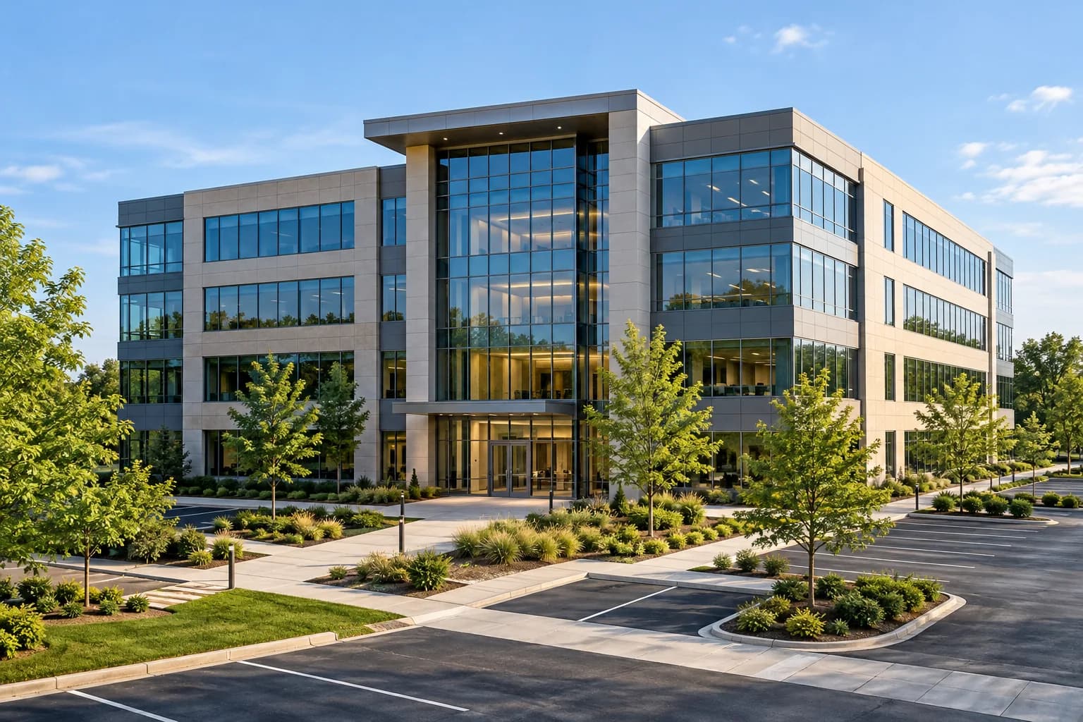 Modern office building with a glass entrance, landscaped paths and parking