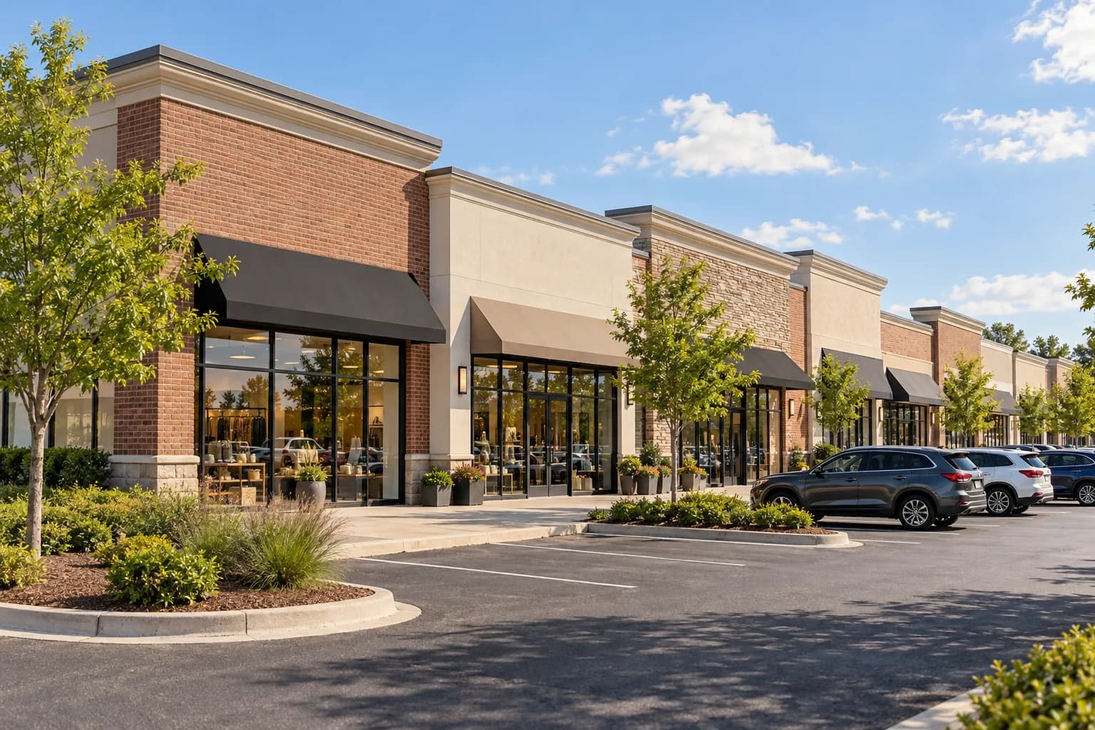 Retail center with multiple storefronts, awnings, landscaping and shared parking
