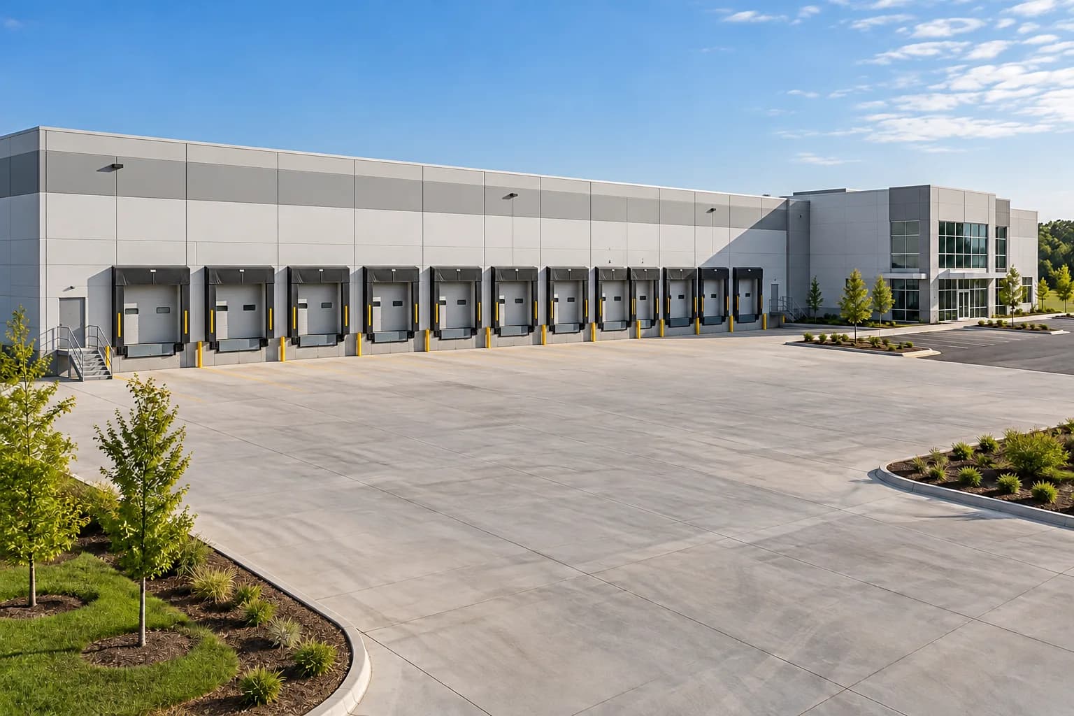 Warehouse distribution facility with loading docks, a clear truck apron and an office entrance